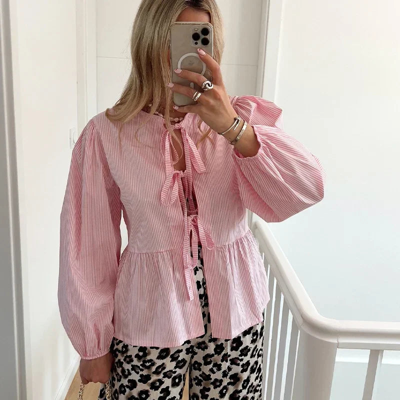 Casual Striped Lace Up Women'S Shirt Fashion Long Sleeve O-Neck Bow Loose Shirts 2024 Spring Summer Hollow Out Lady Outwear