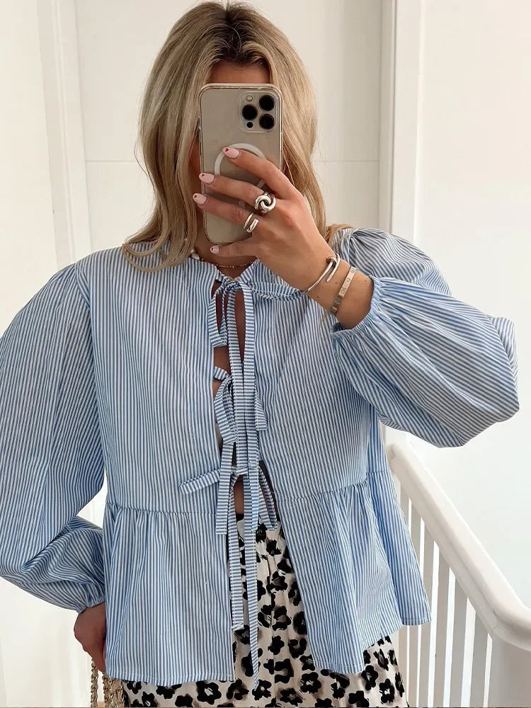 Casual Striped Lace Up Women'S Shirt Fashion Long Sleeve O-Neck Bow Loose Shirts 2024 Spring Summer Hollow Out Lady Outwear