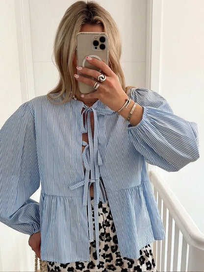 Casual Striped Lace Up Women'S Shirt Fashion Long Sleeve O-Neck Bow Loose Shirts 2024 Spring Summer Hollow Out Lady Outwear