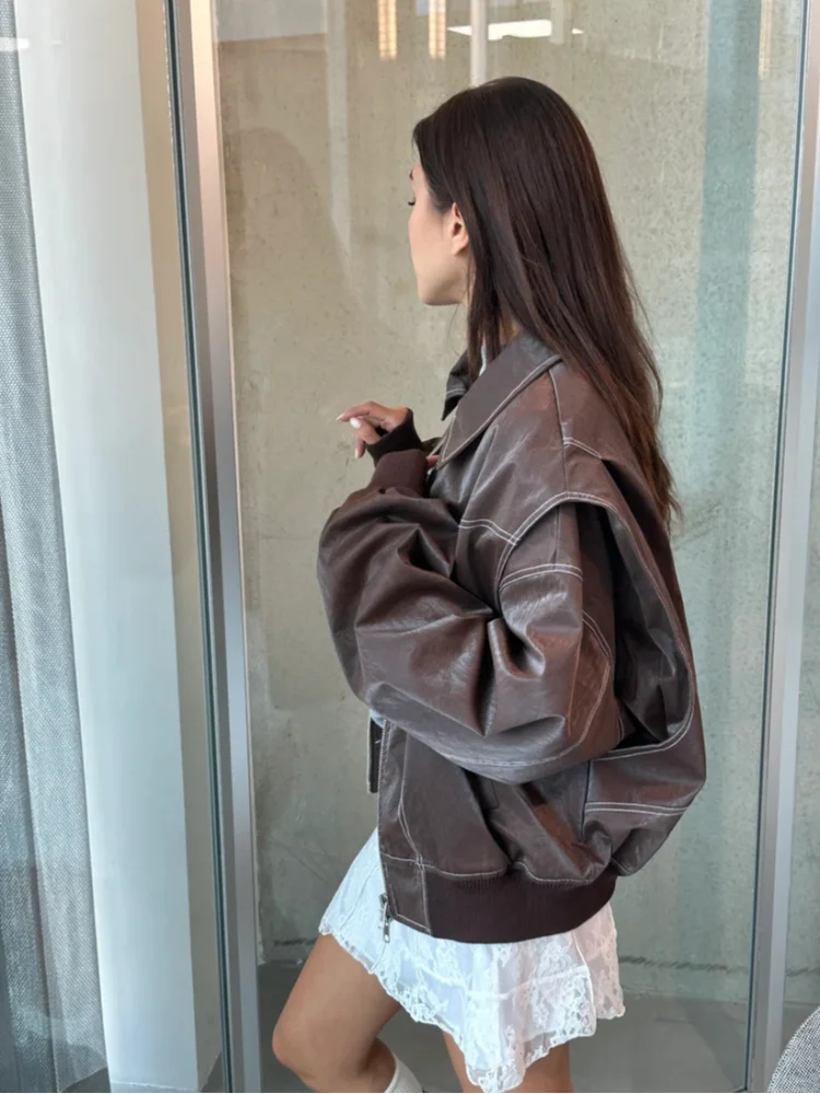 Casual Zipper Solid Color Women'S Pu Leather Jacket Retro Lapel Long Sleeved Short Coat 2024 Ladies High Street Fall Outerwears