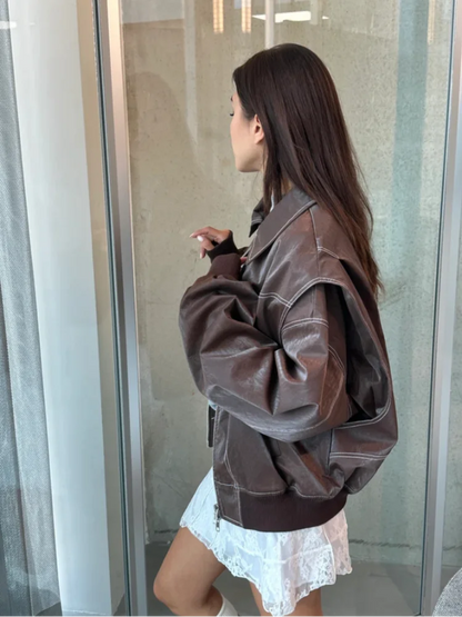 Casual Zipper Solid Color Women'S Pu Leather Jacket Retro Lapel Long Sleeved Short Coat 2024 Ladies High Street Fall Outerwears
