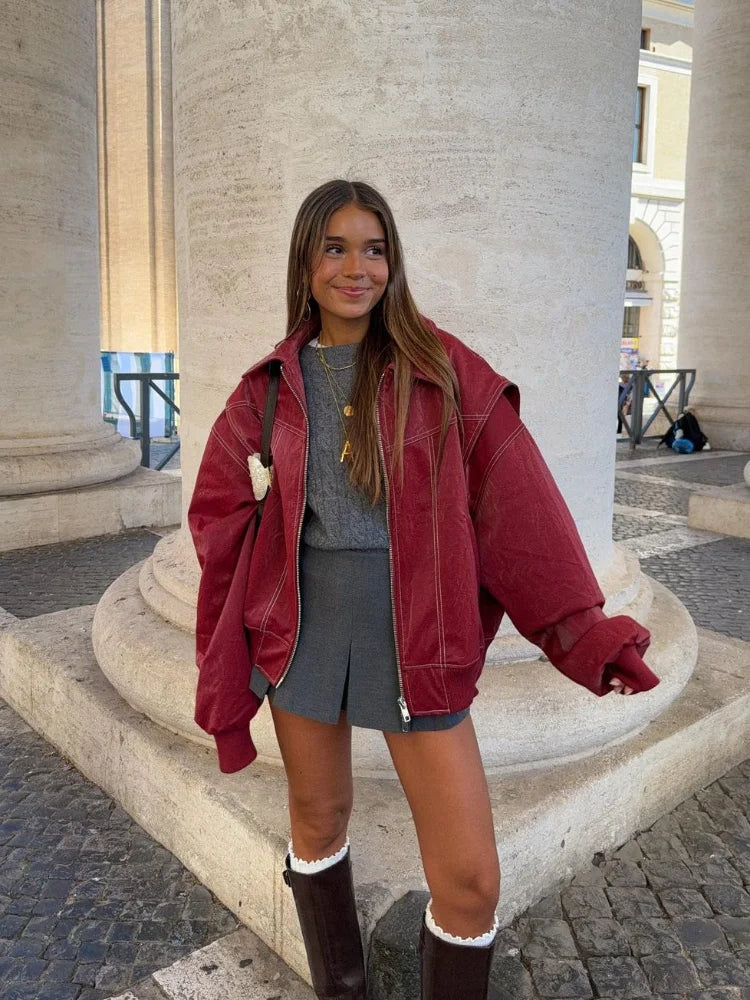 Casual Zipper Solid Color Women'S Pu Leather Jacket Retro Lapel Long Sleeved Short Coat 2024 Ladies High Street Fall Outerwears