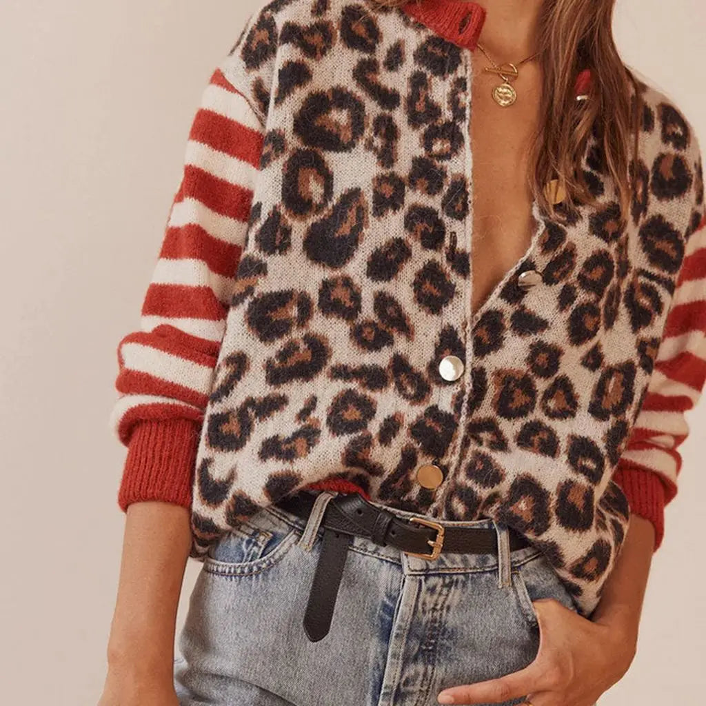 Combhasaki Women'S Y2K Vintage Sweaters Aesthetic Striped Leopard Print Patchwork Button-Down Round Neck Loose Fit Knitwear Coat