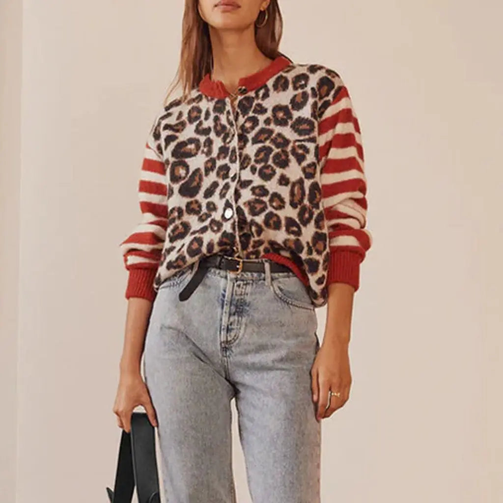 Combhasaki Women'S Y2K Vintage Sweaters Aesthetic Striped Leopard Print Patchwork Button-Down Round Neck Loose Fit Knitwear Coat