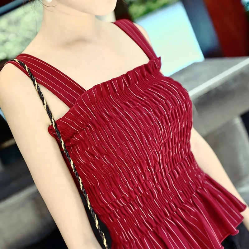 3 Colors Sexy Slim Pleated Camisole Tops For Vacation Beach Holiday
