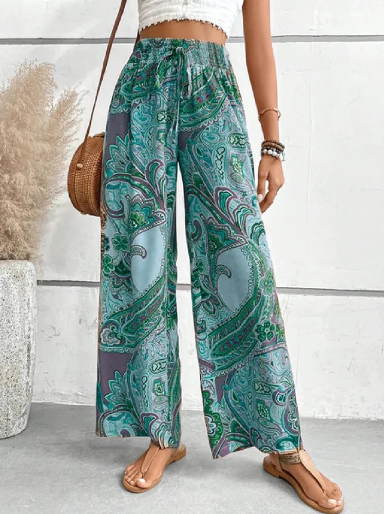 Digital Print High Waist Wide Leg Pants Ethnic Style Women'S Clothing Elastic Bands Boho Pants Loose Casual Pants Beach Pants