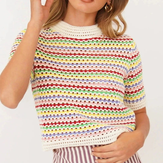 Dourbesty 90S Rainbow Hollow Out Knitwear Women See-Through Striped T-Shirts Summer Boho Beach Style Cover-Ups Crop Tops Y2K