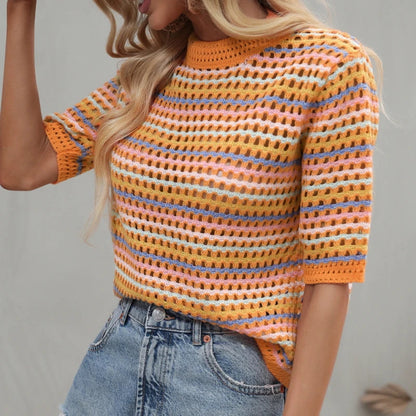 Dourbesty 90S Rainbow Hollow Out Knitwear Women See-Through Striped T-Shirts Summer Boho Beach Style Cover-Ups Crop Tops Y2K