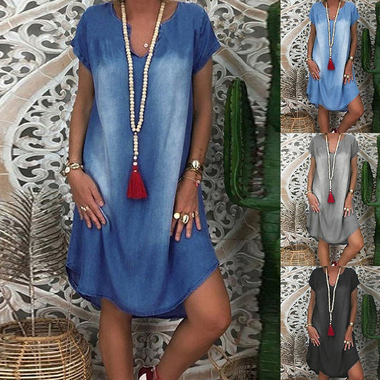Women Short Sleeve V Neck Denim Jean Dress