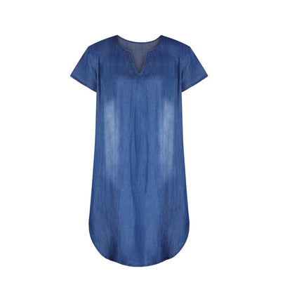 Women Short Sleeve V Neck Denim Jean Dress