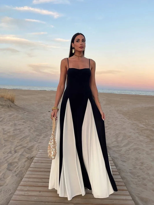 Elegant Black White Contrasting Women Sling Dress Fashion Backless Sleeveless High Waist Maxi Dresses Female Party A-Line Robes
