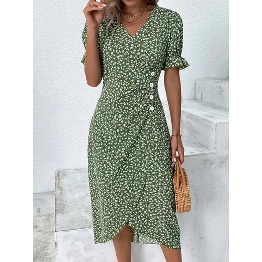 Elegant Floral Pleated H Shaped Midi Dress Female V Neck Puff Sleeve Waist Ruched Button Dresses Women Summer Dress Robe
