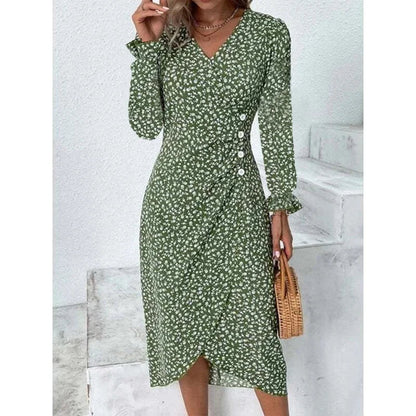 Elegant Floral Pleated H Shaped Midi Dress Female V Neck Puff Sleeve Waist Ruched Button Dresses Women Summer Dress Robe