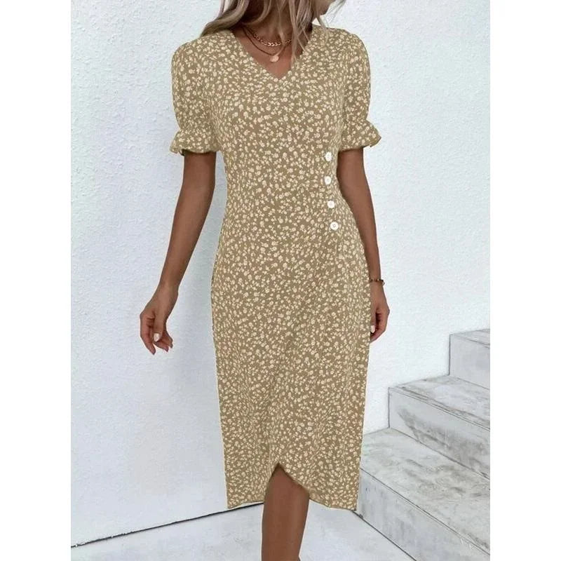 Elegant Floral Pleated H Shaped Midi Dress Female V Neck Puff Sleeve Waist Ruched Button Dresses Women Summer Dress Robe
