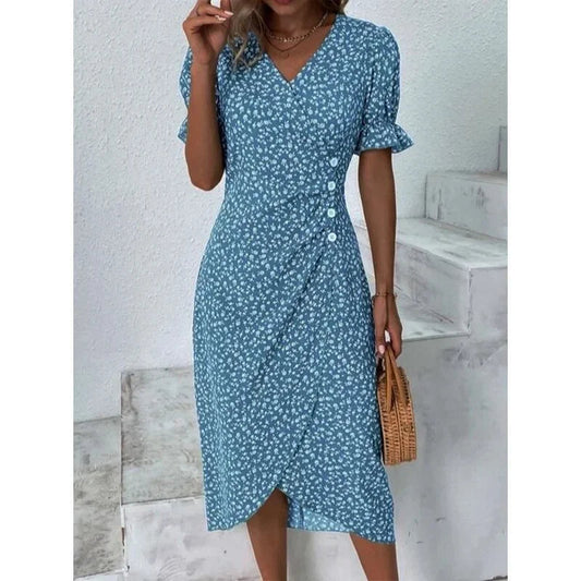 Elegant Floral Pleated H Shaped Midi Dress Female V Neck Puff Sleeve Waist Ruched Button Dresses Women Summer Dress Robe
