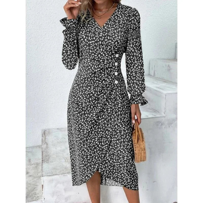 Elegant Floral Pleated H Shaped Midi Dress Female V Neck Puff Sleeve Waist Ruched Button Dresses Women Summer Dress Robe