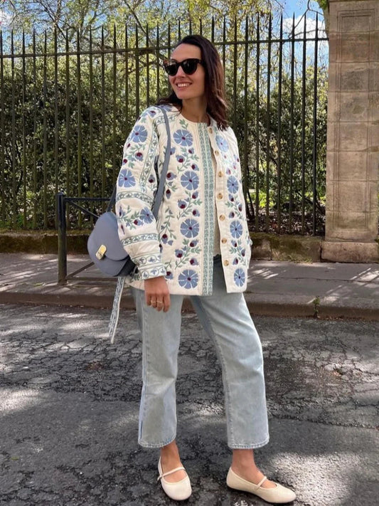 Elegant Floral Print Women'S Cotton Jackets With Belt Fashion O Neck Single Breasted Long Sleeves Coats 2024 New Lady Streetwear