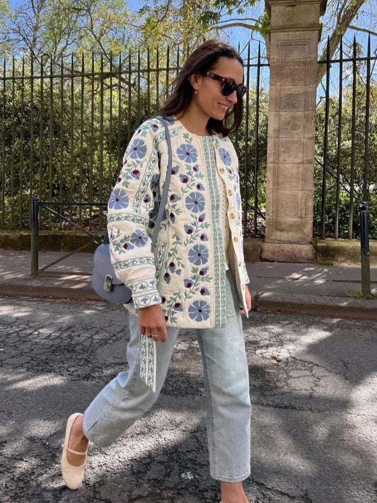 Elegant Floral Print Women'S Cotton Jackets With Belt Fashion O Neck Single Breasted Long Sleeves Coats 2024 New Lady Streetwear