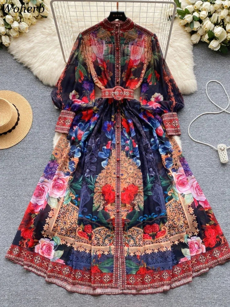 Elegant Lantern Sleeve Single-Breasted Dress Bohemian Slim Waist Belt Fashion Dresses Women Vintage A-Line Print Party Vestidos