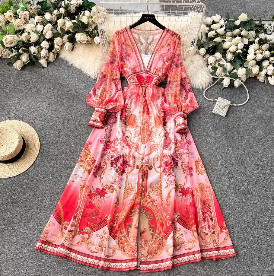 Elegant Lantern Sleeve Single-Breasted Dress Bohemian Slim Waist Belt Fashion Dresses Women Vintage A-Line Print Party Vestidos