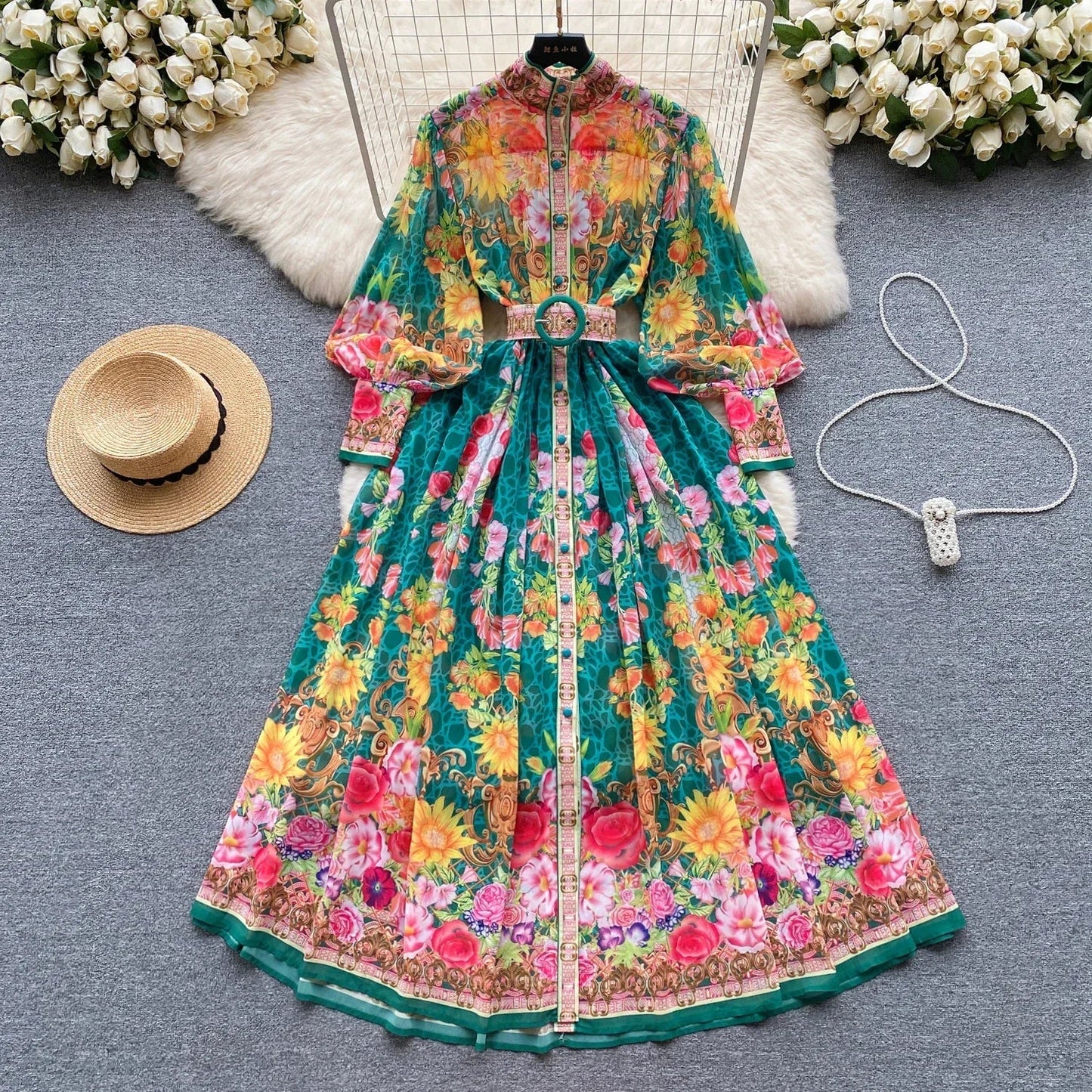 Elegant Lantern Sleeve Single-Breasted Dress Bohemian Slim Waist Belt Fashion Dresses Women Vintage A-Line Print Party Vestidos