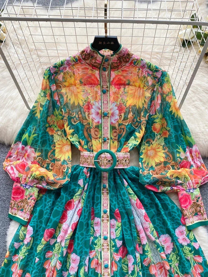 Elegant Lantern Sleeve Single-Breasted Dress Bohemian Slim Waist Belt Fashion Dresses Women Vintage A-Line Print Party Vestidos