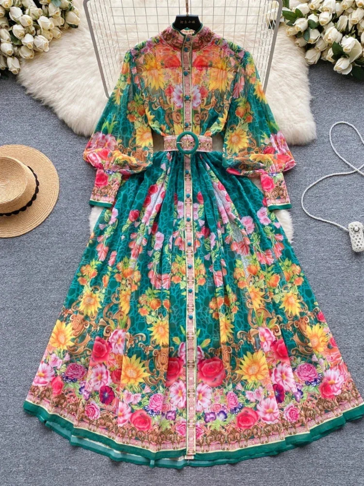 Elegant Lantern Sleeve Single-Breasted Dress Bohemian Slim Waist Belt Fashion Dresses Women Vintage A-Line Print Party Vestidos