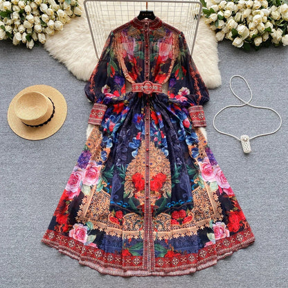 Elegant Lantern Sleeve Single-Breasted Dress Bohemian Slim Waist Belt Fashion Dresses Women Vintage A-Line Print Party Vestidos