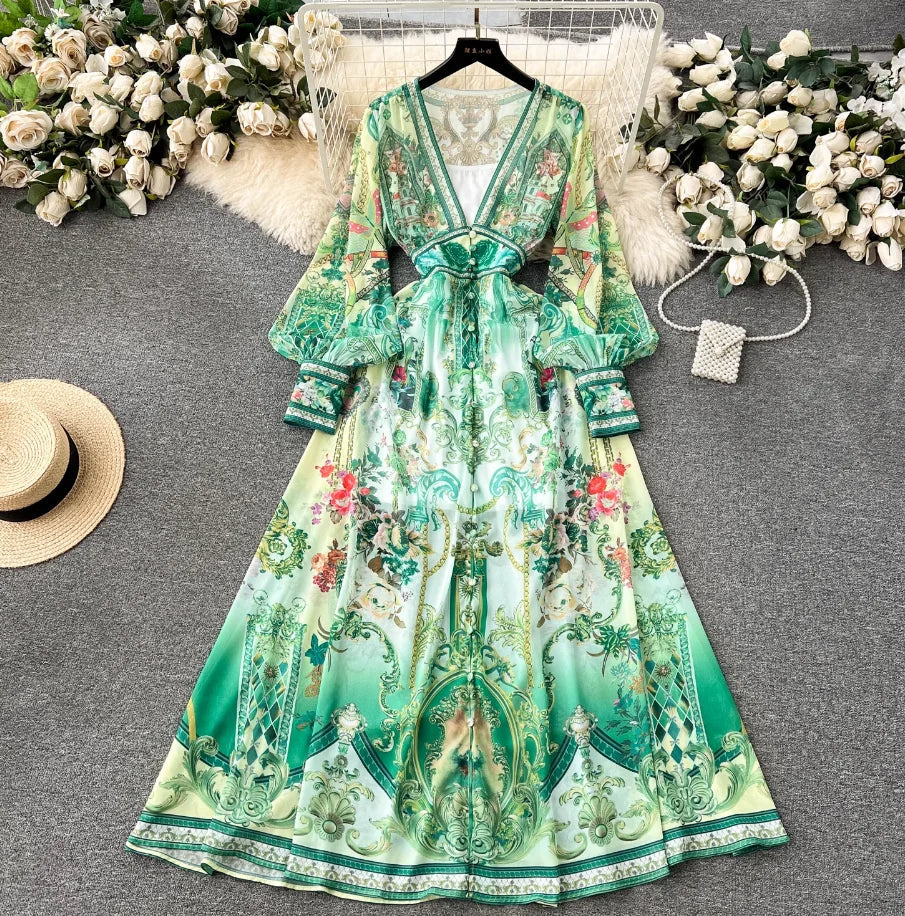 Elegant Lantern Sleeve Single-Breasted Dress Bohemian Slim Waist Belt Fashion Dresses Women Vintage A-Line Print Party Vestidos
