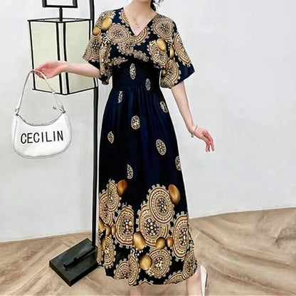 Elegant Sweet Bohemian Style V-Neck Elastic Waist Loose Large Swing Flower Printed Girls Summer Dress For Woman 2023  Skirt