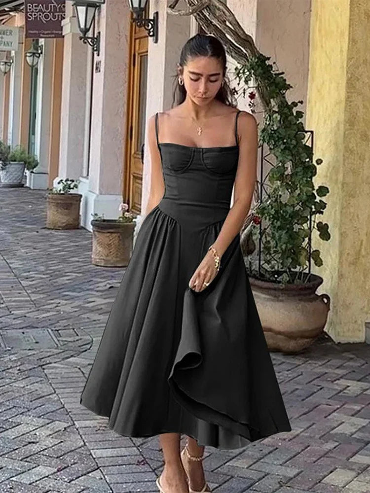 Elegant Women Solid Sling Long Pleated Dress Chic Sleeveless Backless A-Line Dresses 2024 Summer Party Club Date Evening Robes