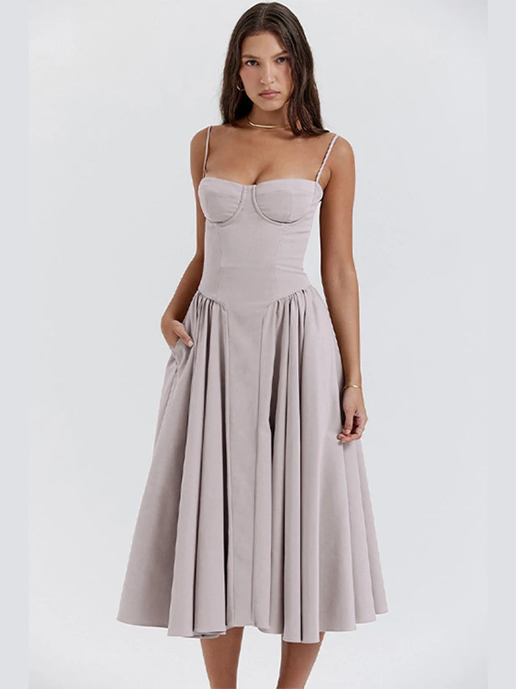 Elegant Women Solid Sling Long Pleated Dress Chic Sleeveless Backless A-Line Dresses 2024 Summer Party Club Date Evening Robes