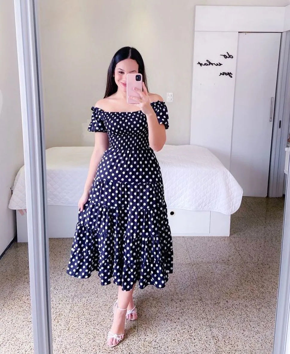 Elegant Women'S Off Shoulder Midi Dress 2024 Summer Fashion Dresses High Waist Flower Print Short  Sleeve Dress Robe Clothing
