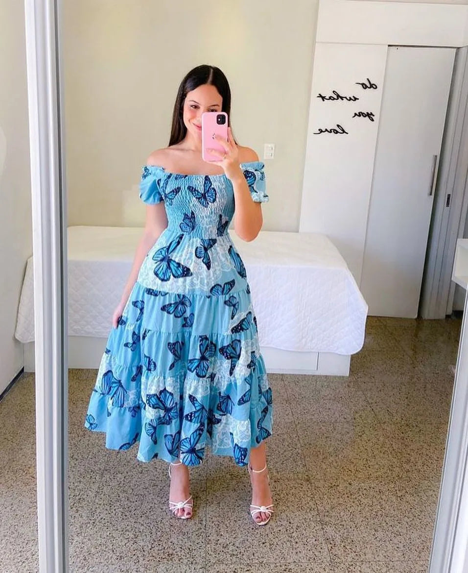 Elegant Women'S Off Shoulder Midi Dress 2024 Summer Fashion Dresses High Waist Flower Print Short  Sleeve Dress Robe Clothing
