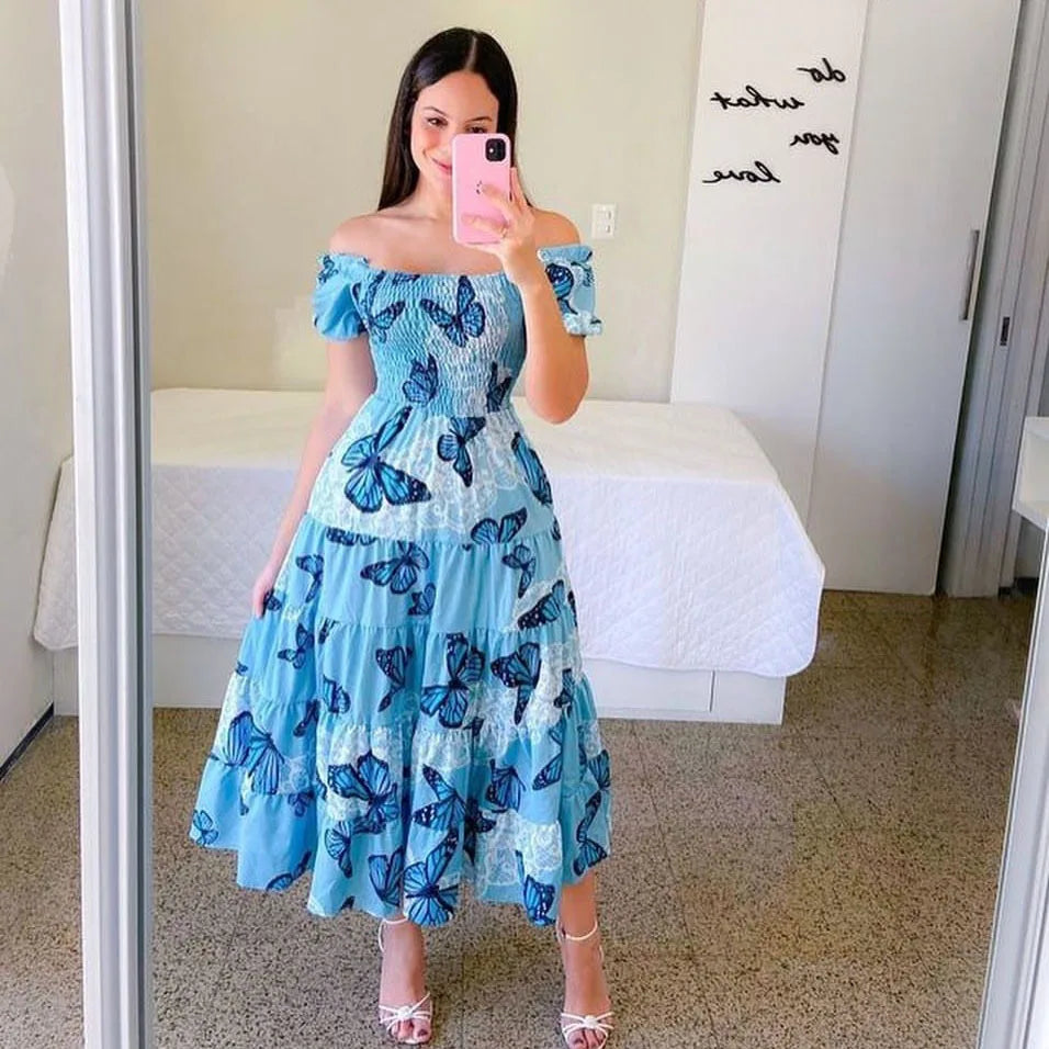 Elegant Women'S Off Shoulder Midi Dress 2024 Summer Fashion Dresses High Waist Flower Print Short  Sleeve Dress Robe Clothing