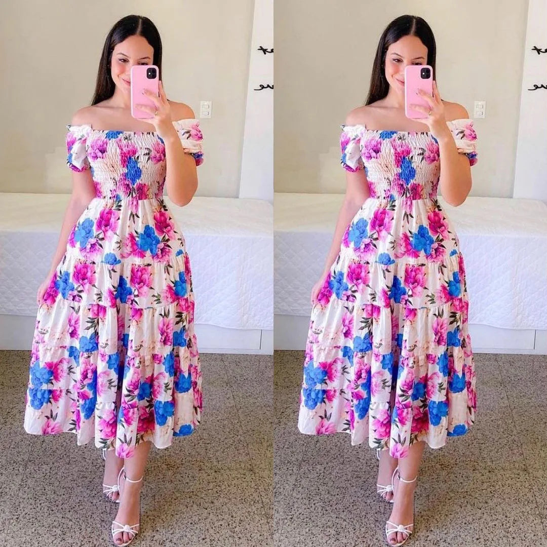 Elegant Women'S Off Shoulder Midi Dress 2024 Summer Fashion Dresses High Waist Flower Print Short  Sleeve Dress Robe Clothing