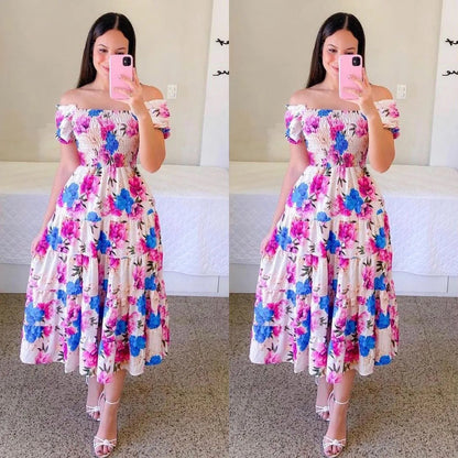 Elegant Women'S Off Shoulder Midi Dress 2024 Summer Fashion Dresses High Waist Flower Print Short  Sleeve Dress Robe Clothing