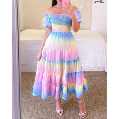 Elegant Women'S Off Shoulder Midi Dress 2024 Summer Fashion Dresses High Waist Flower Print Short  Sleeve Dress Robe Clothing