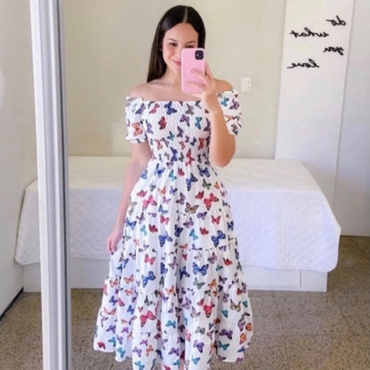 Elegant Women'S Off Shoulder Midi Dress 2024 Summer Fashion Dresses High Waist Flower Print Short  Sleeve Dress Robe Clothing