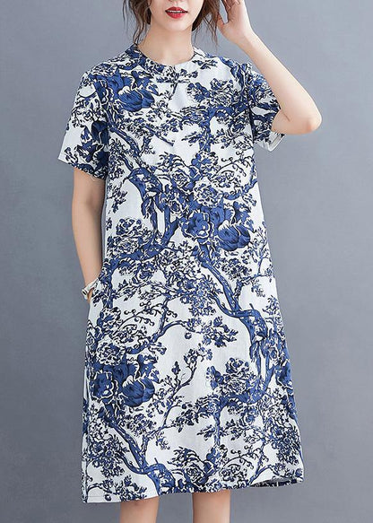 Ethnic blue printed buckle loose dress