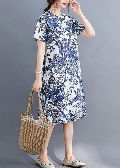 Ethnic blue printed buckle loose dress