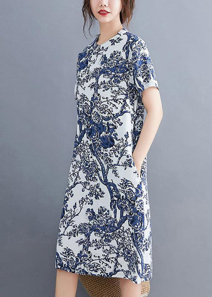 Ethnic blue printed buckle loose dress