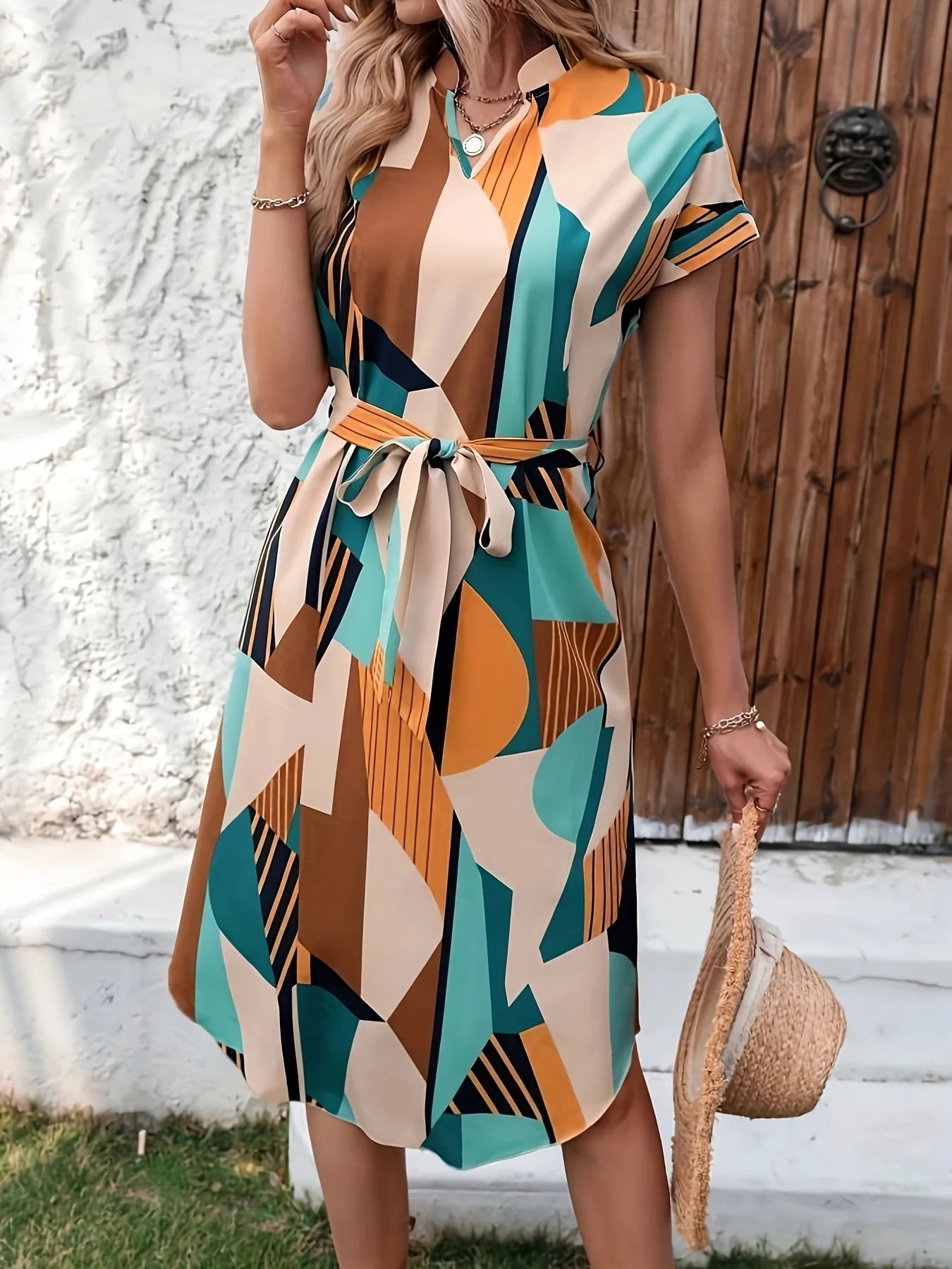 Women'S Elegant Summer Full Print Bat Wing Sleeve Belt Dress Fashionable Women'S Clothing