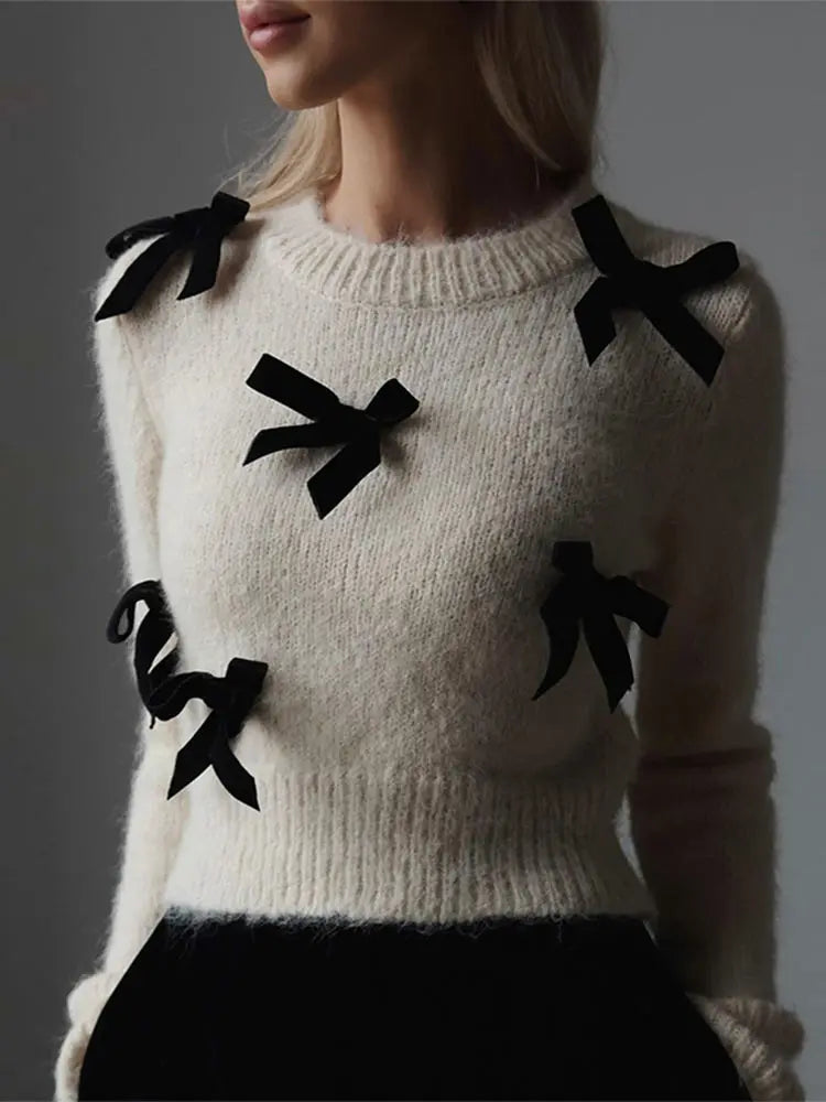 Fashion 3D Bow Round Neck Sweater For Women Elegant Long Sleeve Slim Warm Pullover 2024 New Autumn Female Commuting Streetwear