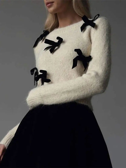 Fashion 3D Bow Round Neck Sweater For Women Elegant Long Sleeve Slim Warm Pullover 2024 New Autumn Female Commuting Streetwear