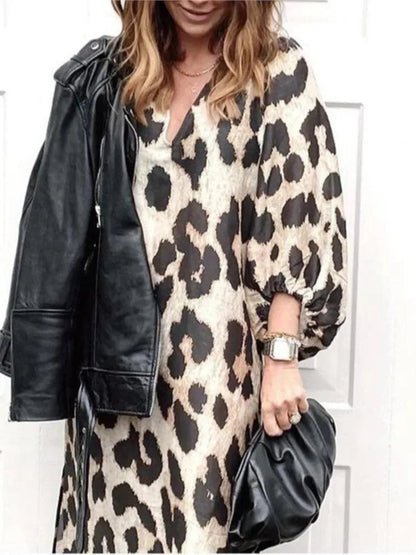 Fashion Leopard Casual Dress Women'S New V Neck Lantern Sleeve Elegant Office Holiday Summer Female Loose Dresses Robe Femme