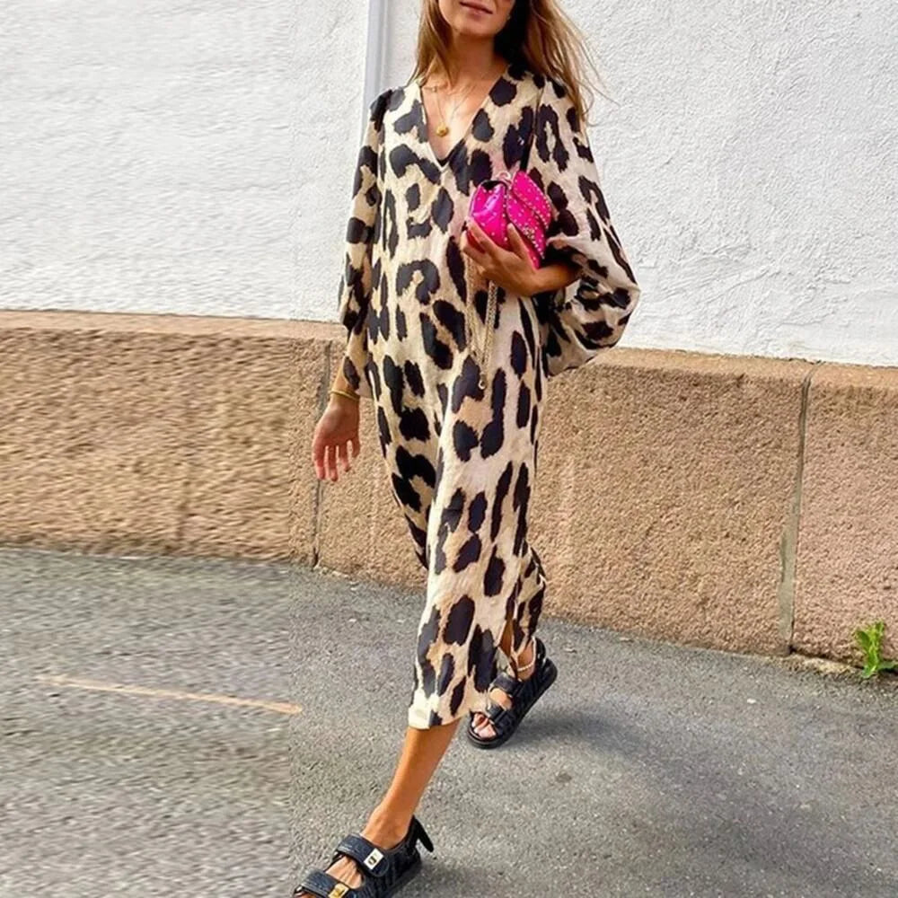 Fashion Leopard Casual Dress Women'S New V Neck Lantern Sleeve Elegant Office Holiday Summer Female Loose Dresses Robe Femme
