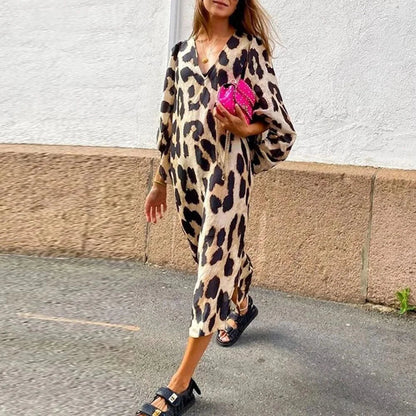 Fashion Leopard Casual Dress Women'S New V Neck Lantern Sleeve Elegant Office Holiday Summer Female Loose Dresses Robe Femme