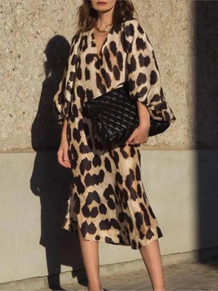 Fashion Leopard Casual Dress Women'S New V Neck Lantern Sleeve Elegant Office Holiday Summer Female Loose Dresses Robe Femme