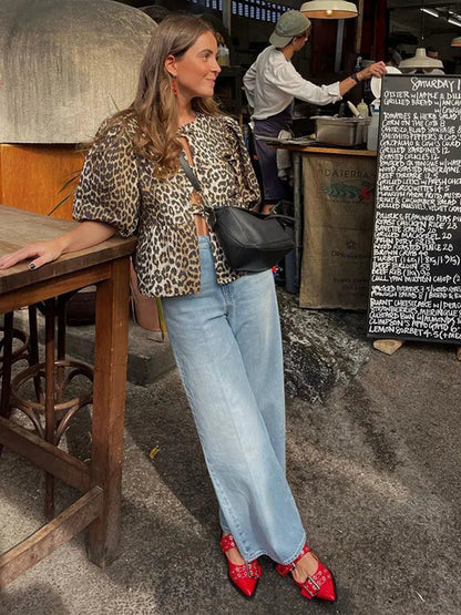 Fashion Leopard Hollow Out Thin Shirts For Women Causal Loose O Neck Short Sleeved Tops 2024 Spring Summer Ladies Streetwear Top